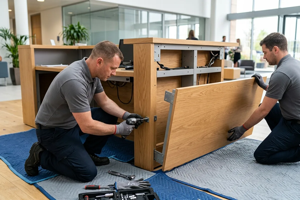 Two workers in grey polo shirts kneeling on padded blankets to unbolt the side panel of a timber reception counter in a bright, glass-walled lobby