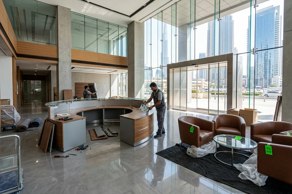 A large curved modular reception desk being uncoupled alongside visitor lounge armchairs in a modern commercial office lobby in Dubai