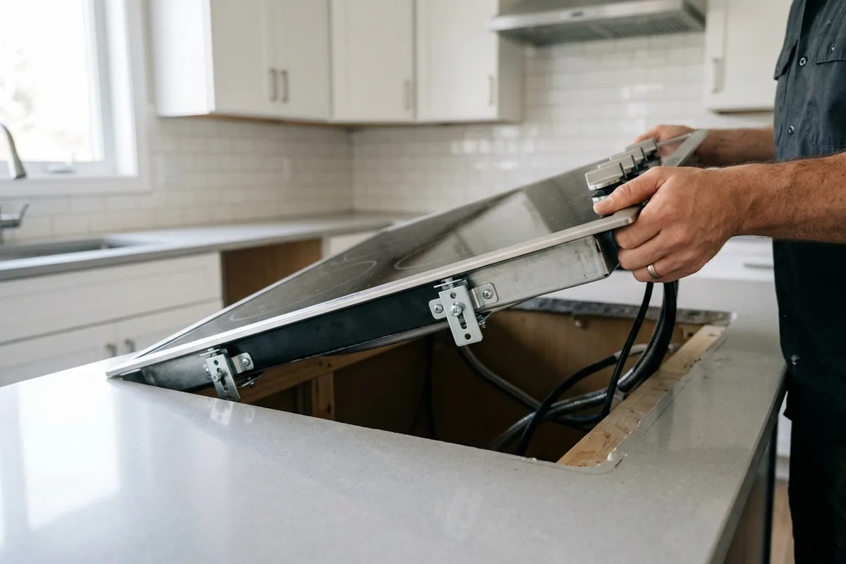 A recessed cooktop being lifted out of a kitchen countertop cutout, showing the mounting clips and cables beneath