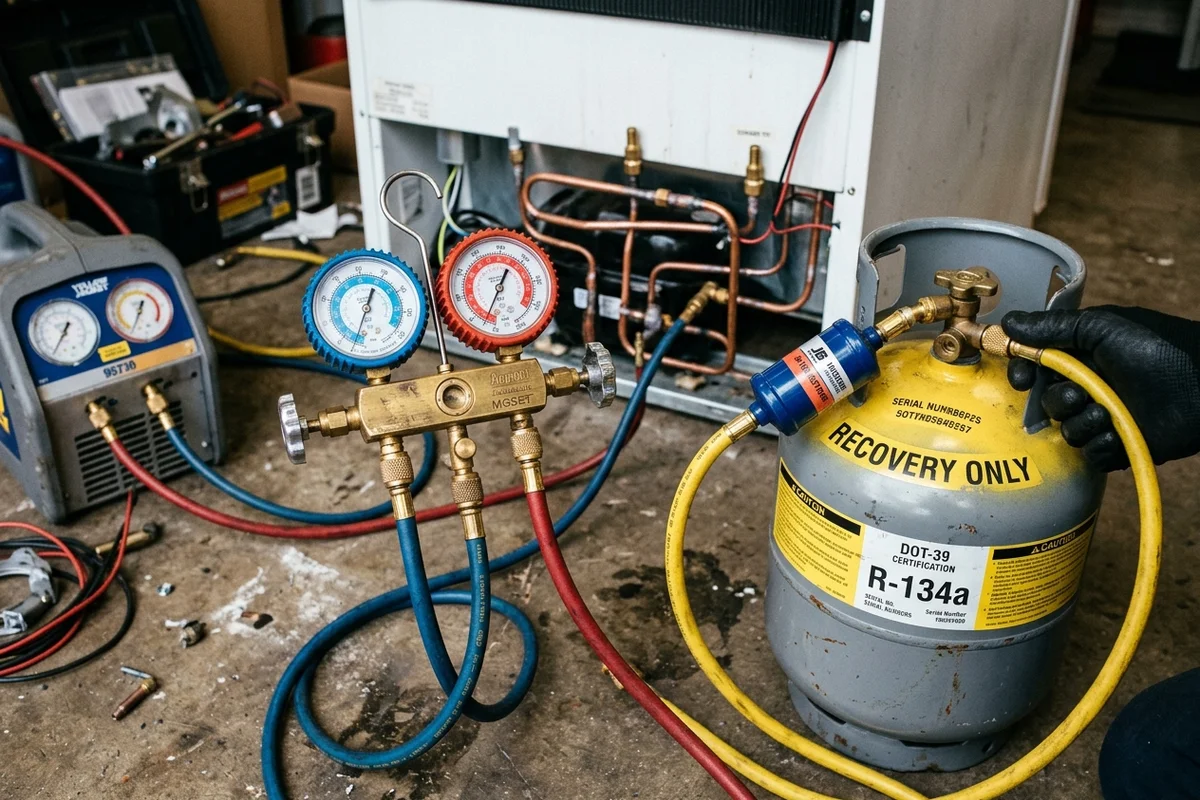 Close-up view of certified dual-dial manifold pressure gauges and a dedicated yellow refrigerant recovery tank connected to appliance copper tubing.