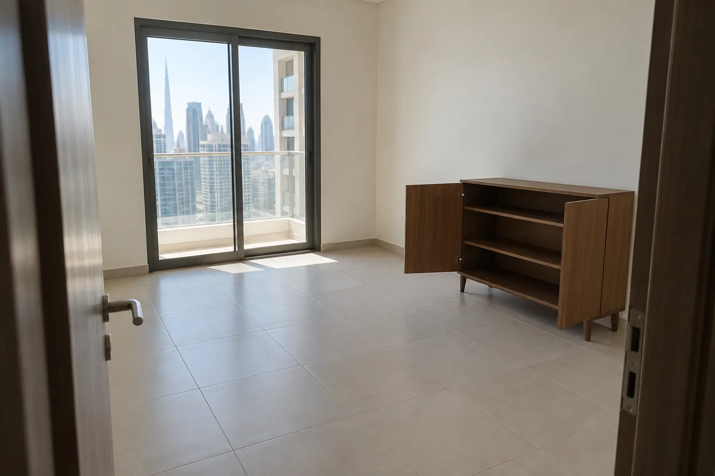 A nearly empty tiled room with an open retained wooden cabinet and a clear floor.