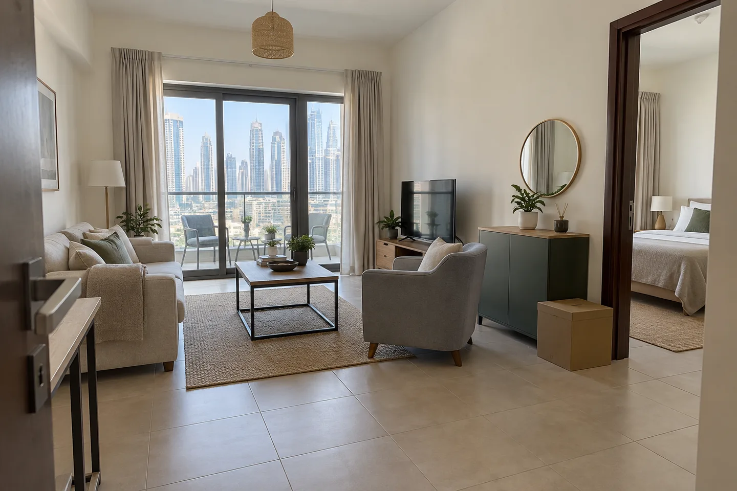 An apartment viewed from the doorway with an armchair, cabinet and carton beside an adjoining room.