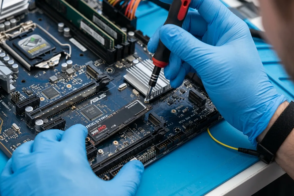 Close-up of a technician using a screwdriver to remove an M.2 NVMe SSD drive from a computer motherboard