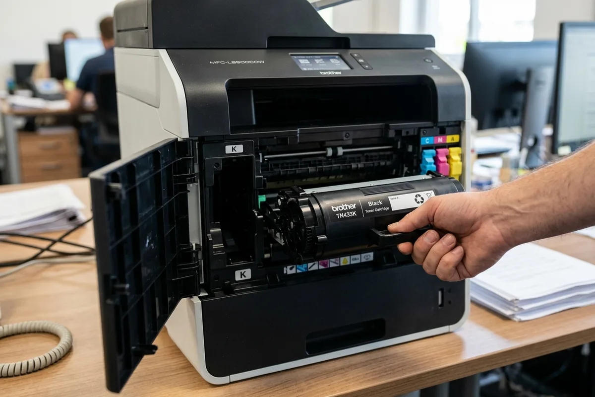 A hand removing a black toner cartridge from the front door of an office laser printer