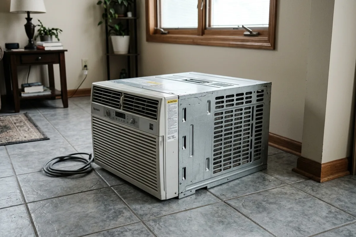 A metal window air conditioner chassis pulled out and resting on the floor