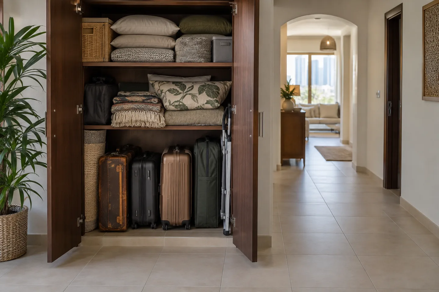 Suitcases, spare cushions and stored household items inside a deep cupboard beside a clear hallway.