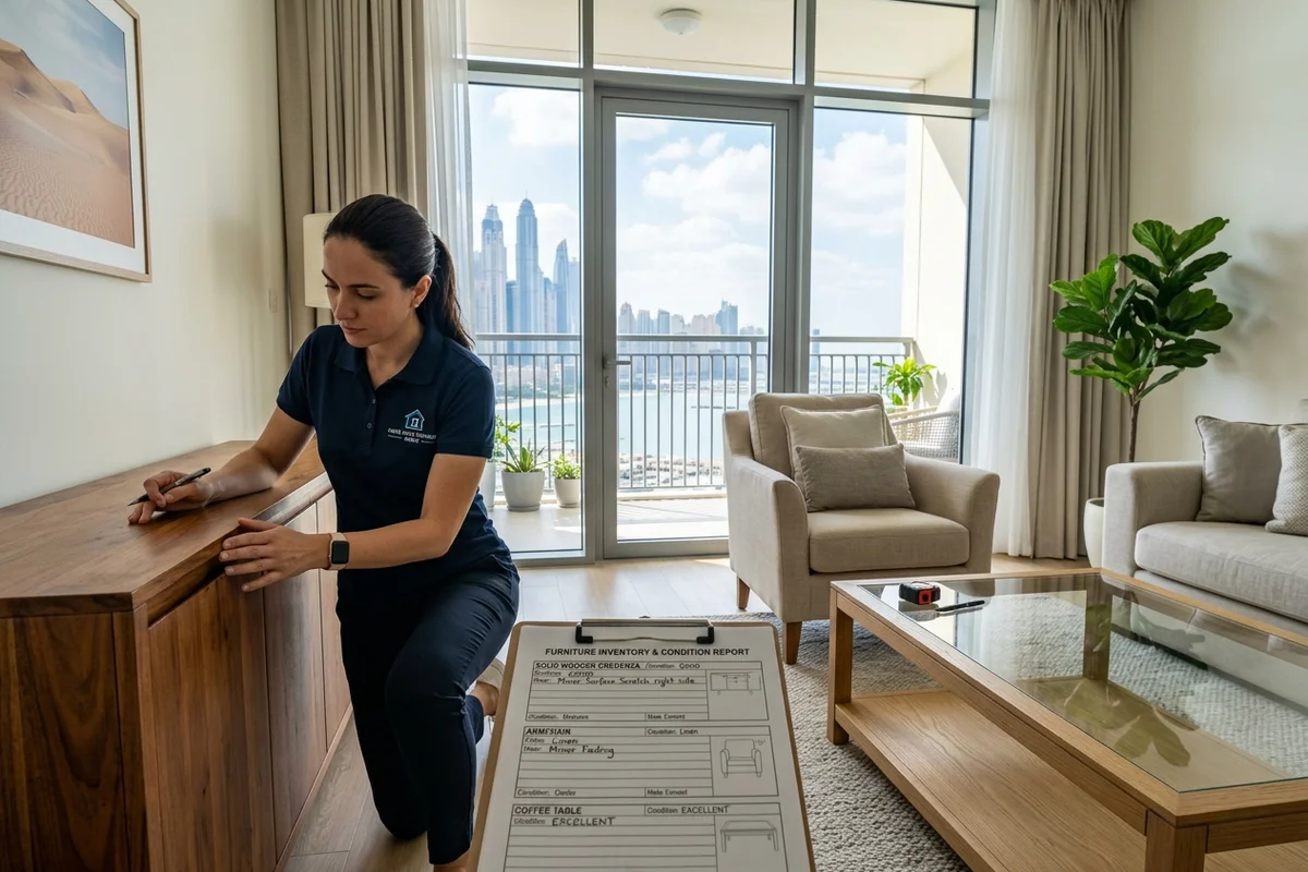 Homeowner reviewing a furniture inventory and condition assessment of living room furniture in Dubai