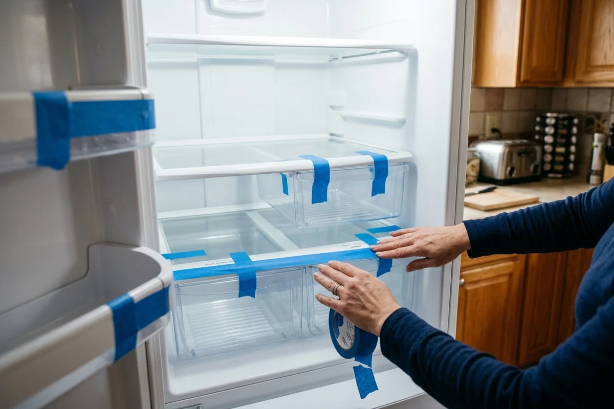 A homeowner securing interior glass shelves and transparent crisper bins inside a refrigerator using strips of blue painter tape.