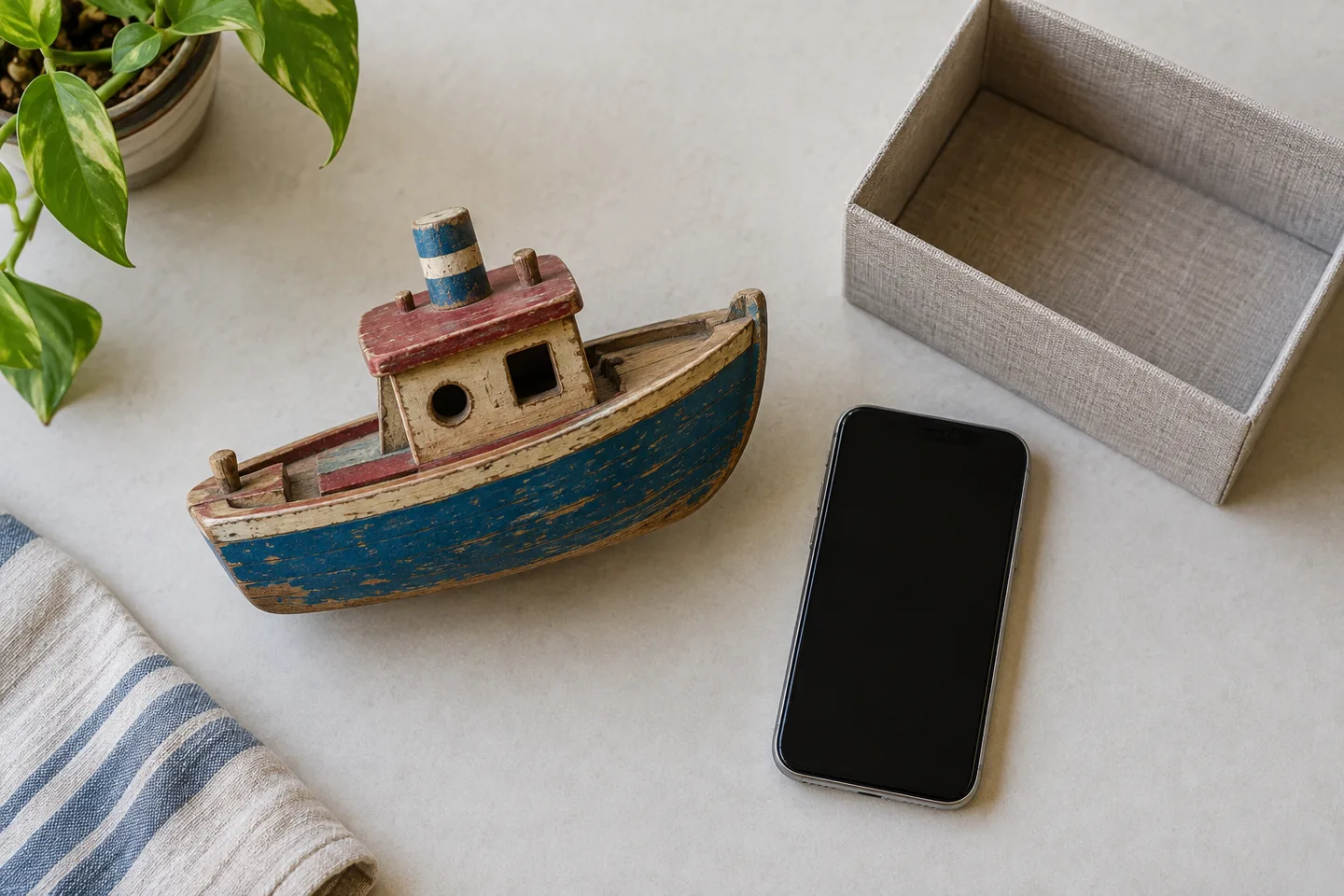 A wooden toy boat beside a phone with a dark screen and an open storage box