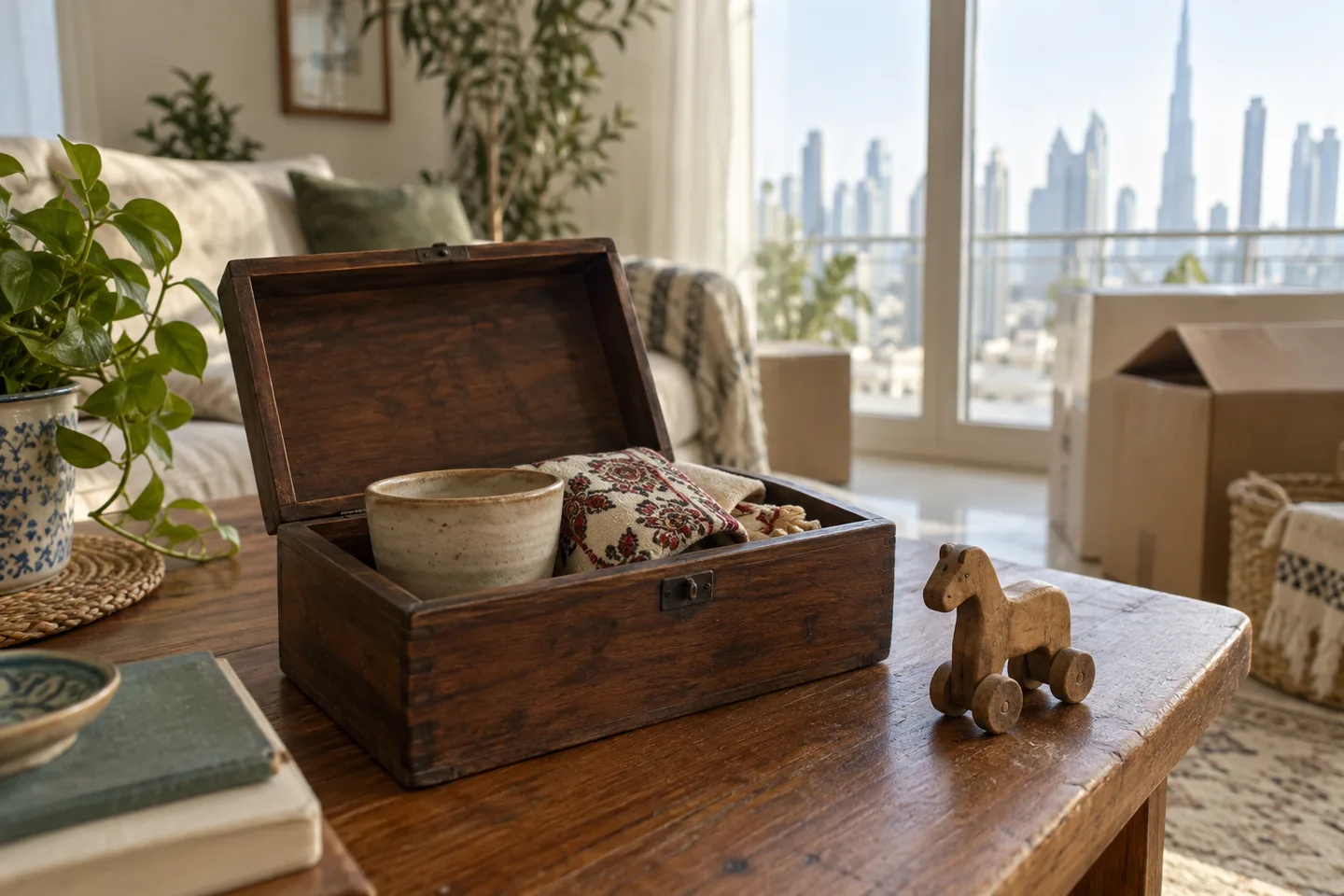 A small keepsake box with a handmade bowl and embroidered fabric beside a wooden toy