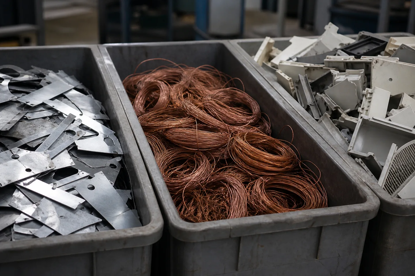 Separate bins holding steel fragments, copper coils and rigid plastic pieces.