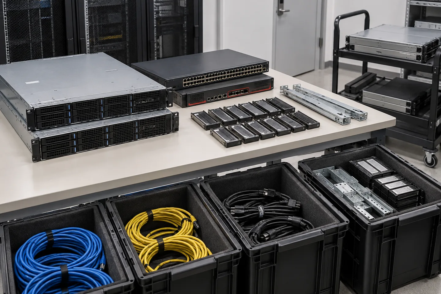 Rack servers, switches, drive caddies, rails and cables separated by type in padded crates