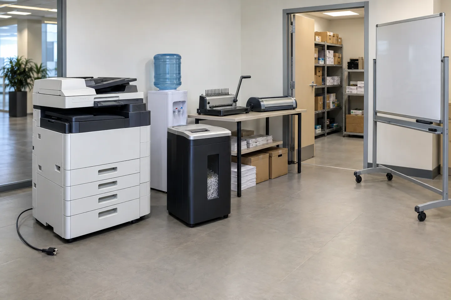 A copier, shredder, binding machine, water dispenser and mobile whiteboard grouped in an office copy room