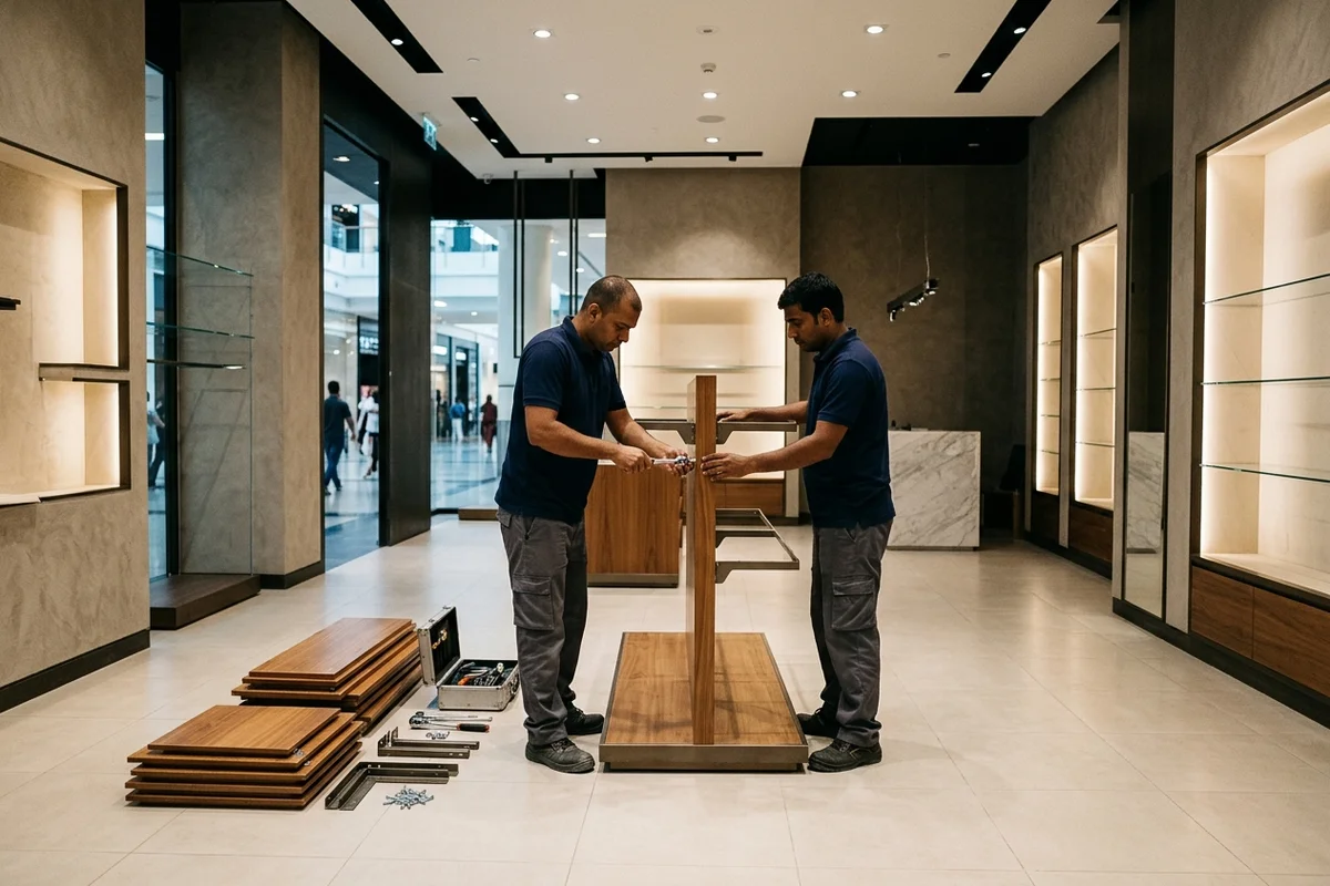Professional removal technicians unbolting modular retail display shelving and timber gondola fixtures in a modern Dubai mall shop