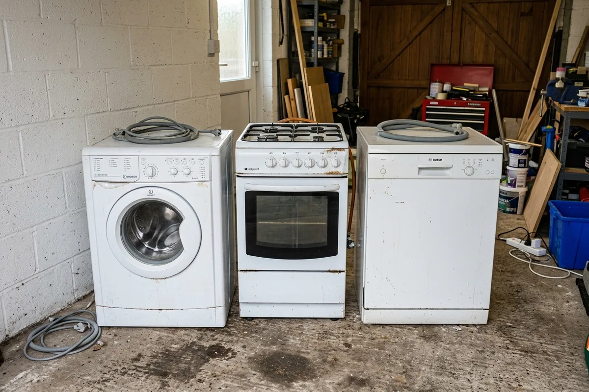 A collection of removed kitchen appliances including a dishwasher, freestanding gas cooker, and washing machine staged neatly together in a garage before hauling.