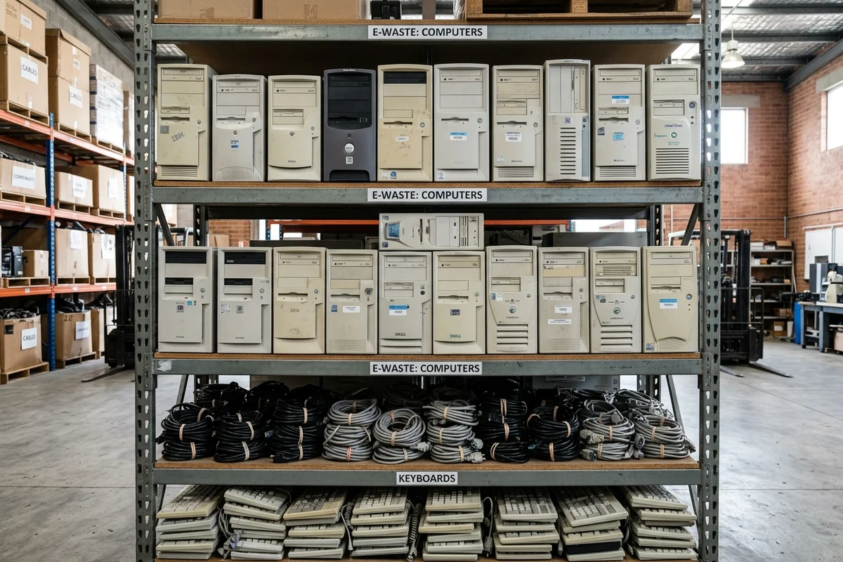 Rows of obsolete computer towers and cables organized on warehouse shelving for e-waste recycling.