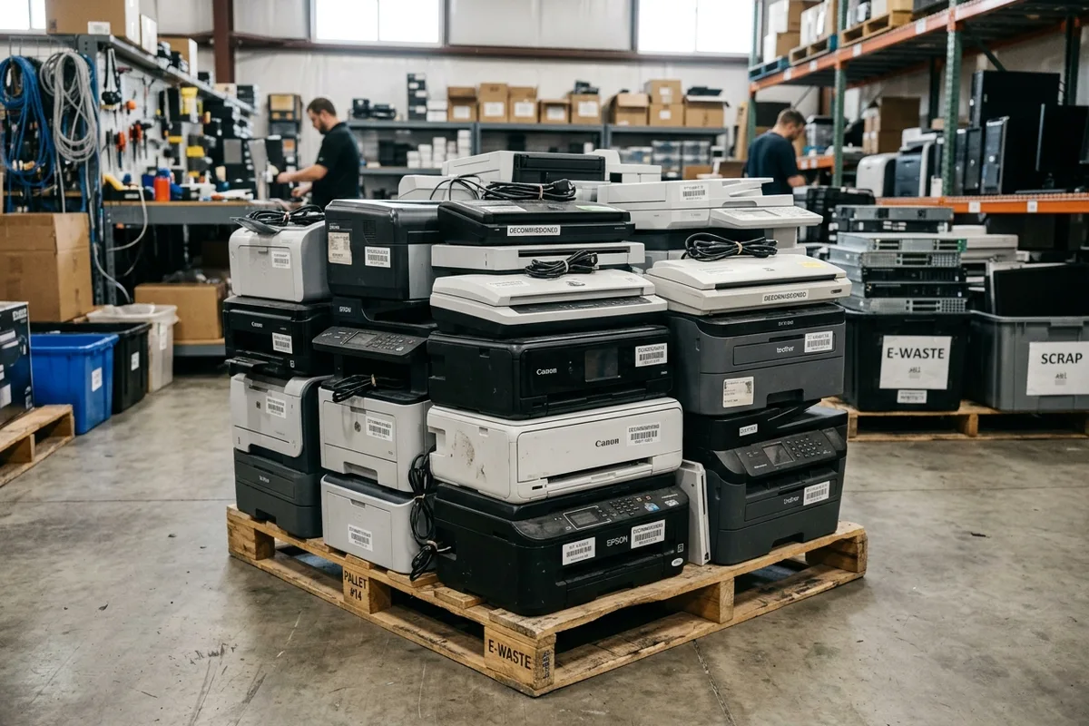 A pallet of stacked obsolete office printers and scanner units in a warehouse storage area