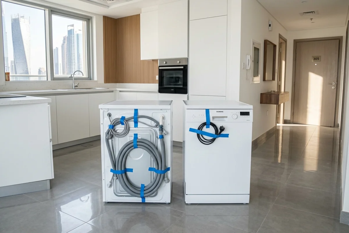 A clean modern Dubai apartment hallway with a disconnected washing machine and dishwasher neatly taped and staged for collection pickup.