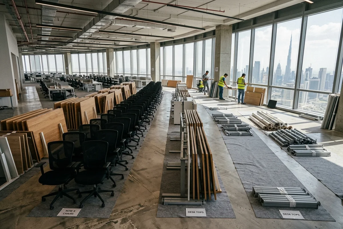 Rows of clean modular office desks and swivel chairs staged neatly inside a commercial office floor