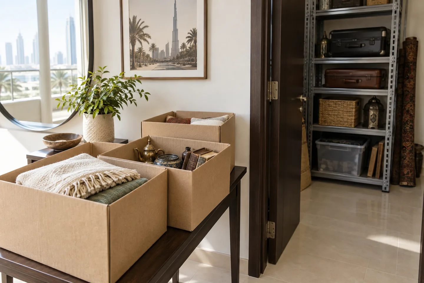 A few open boxes of household contents on a table beside a store room with suitcases on shelving.