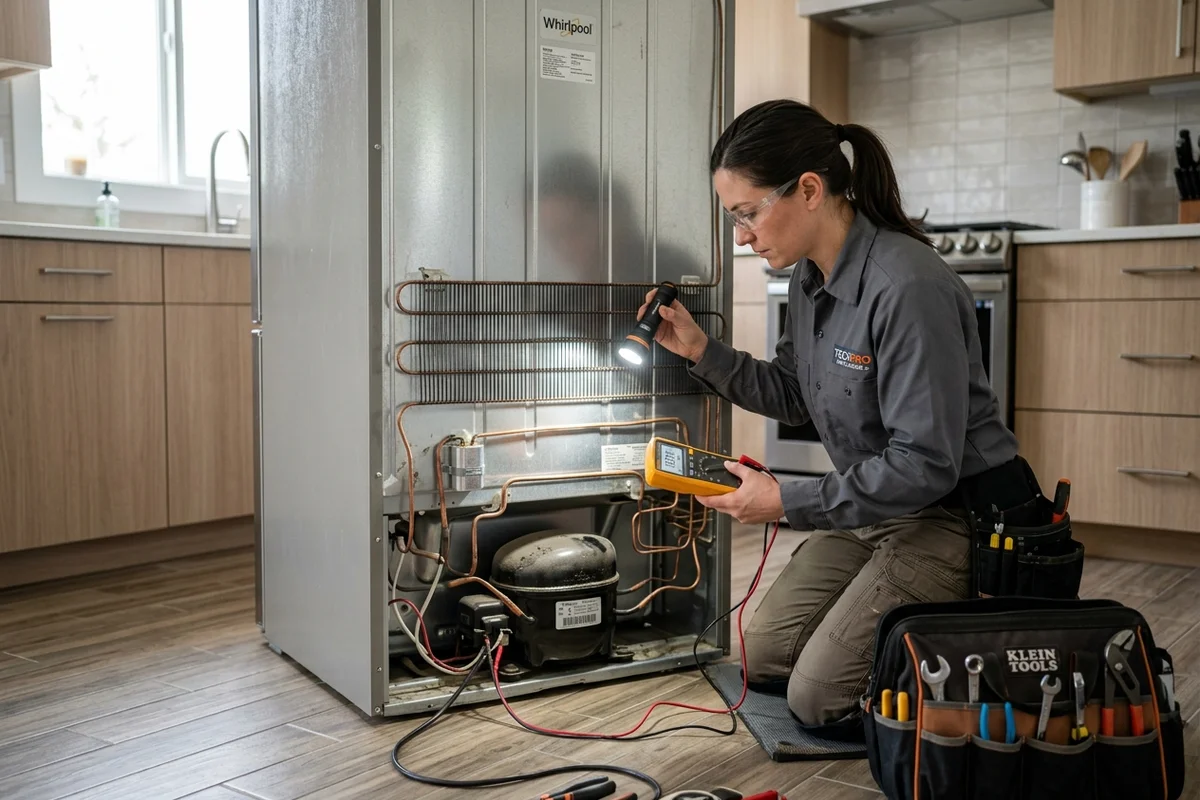 An appliance service technician using diagnostic equipment to evaluate the compressor and cooling coils at the back of a domestic refrigerator.