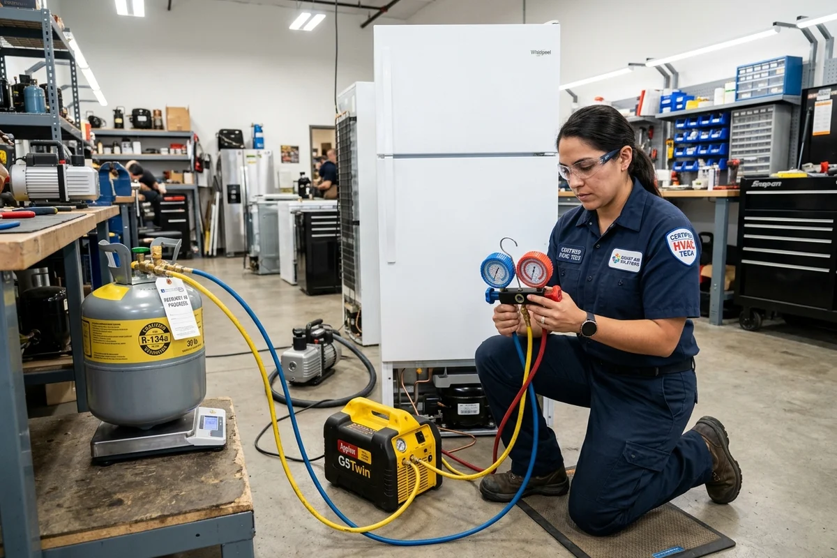 A certified HVAC technician in protective gear connecting recovery equipment to a domestic refrigerator compressor in a clean workshop.