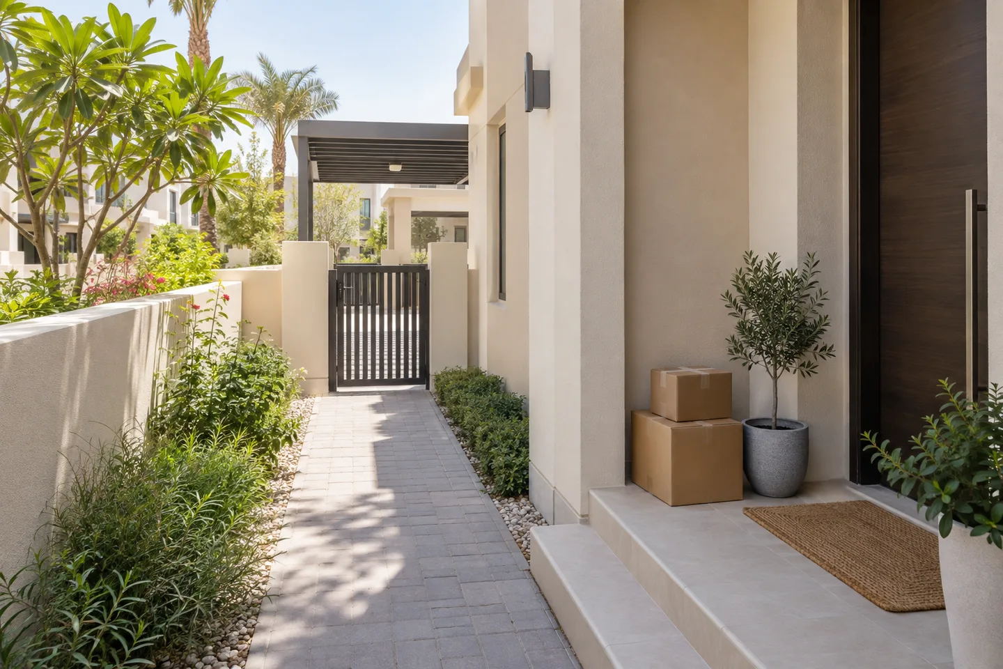 A narrow paved path leading past a townhouse porch toward a covered carport.