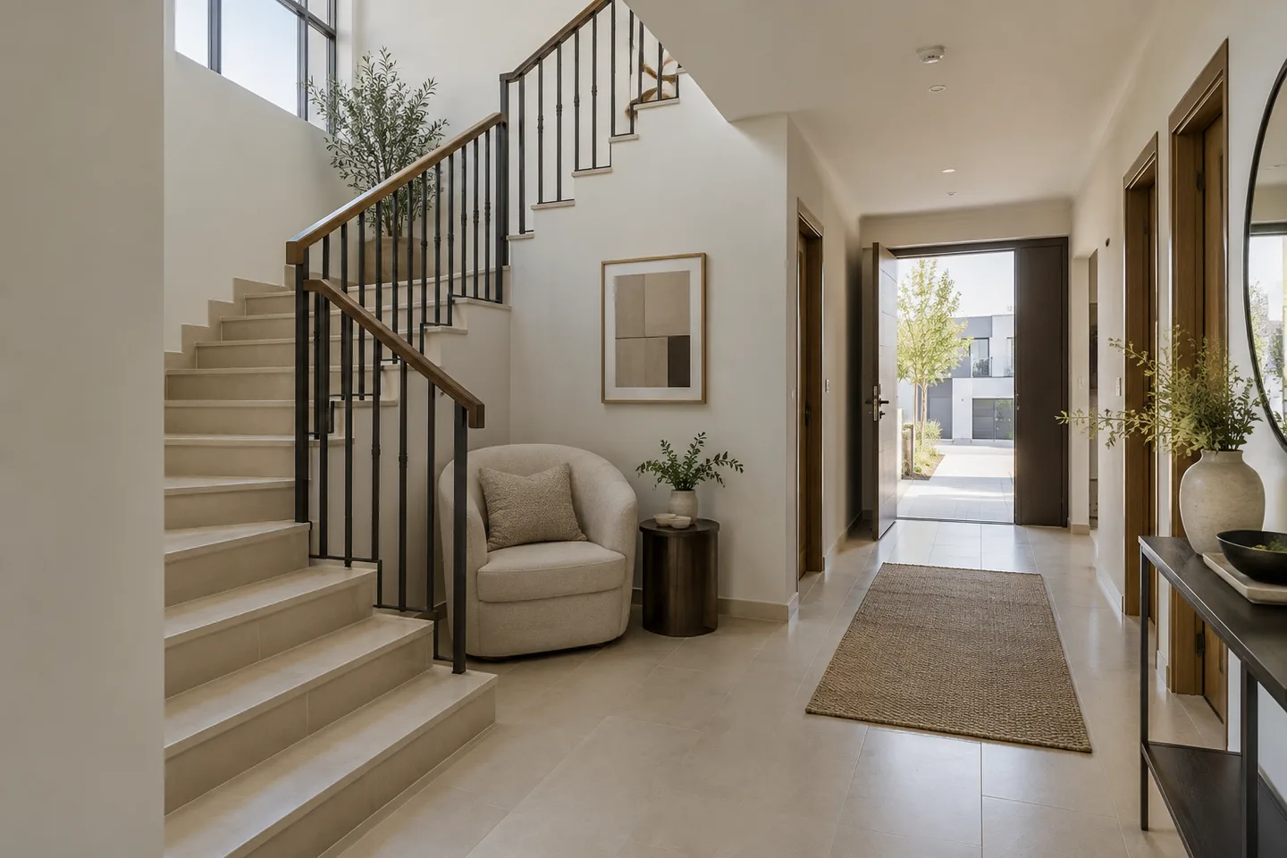 An upholstered armchair beside an internal staircase and a clear tiled hallway in a townhouse.
