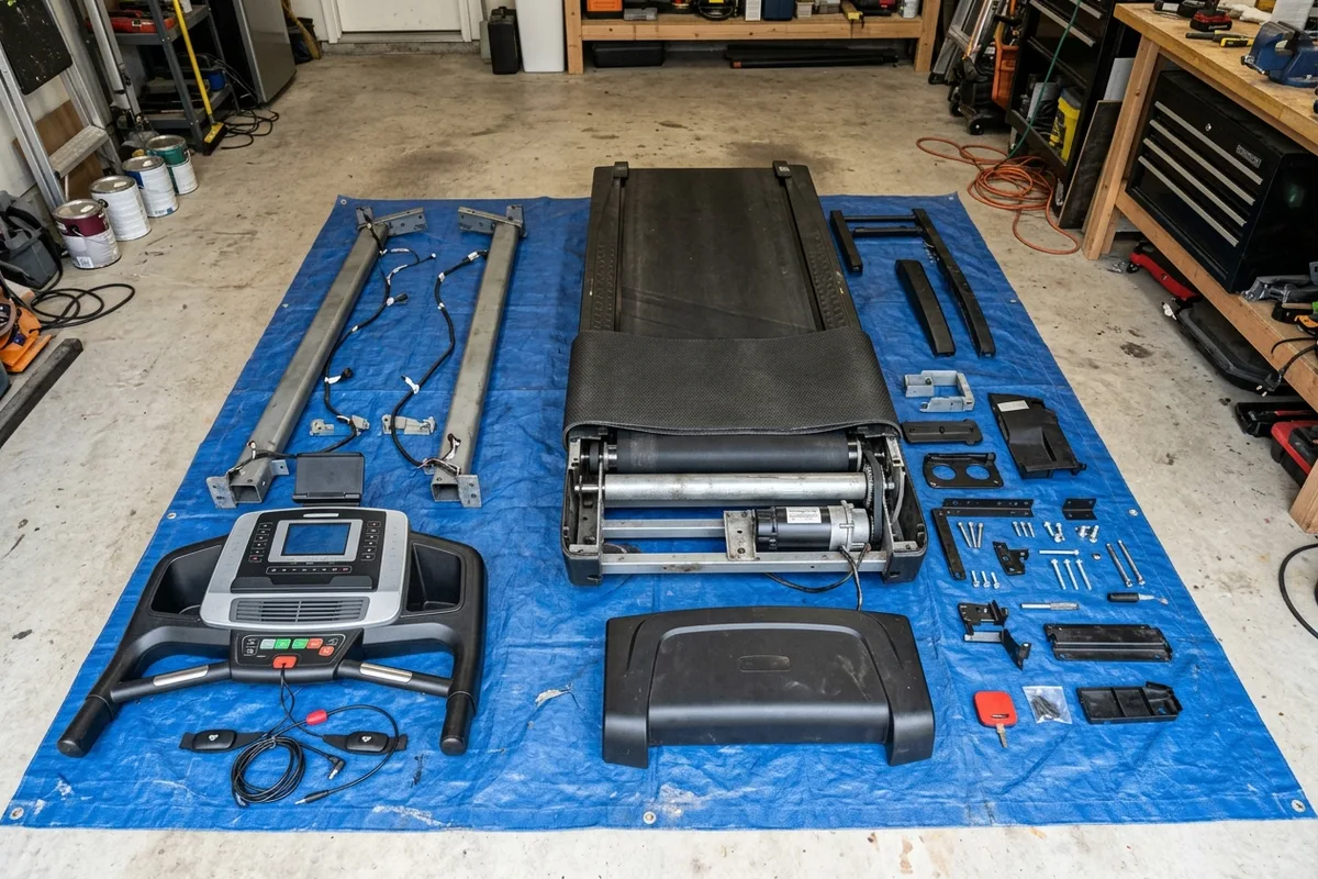 A disassembled home treadmill on a blue workshop floor tarp with the console, upright support bars, motor cover, and running deck laid out neatly.