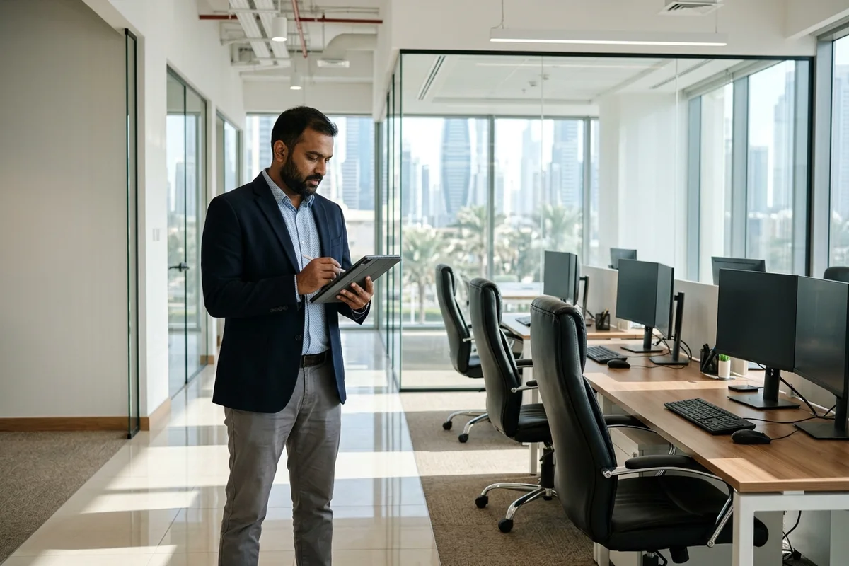 A facilities manager inspecting a matching suite of executive desks and task chairs in a modern Dubai office