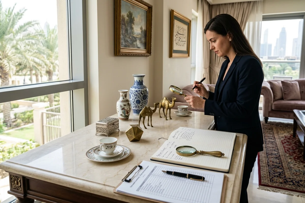 Professional assessment of porcelain vases, art pieces, and collectibles on a console table in a Dubai home