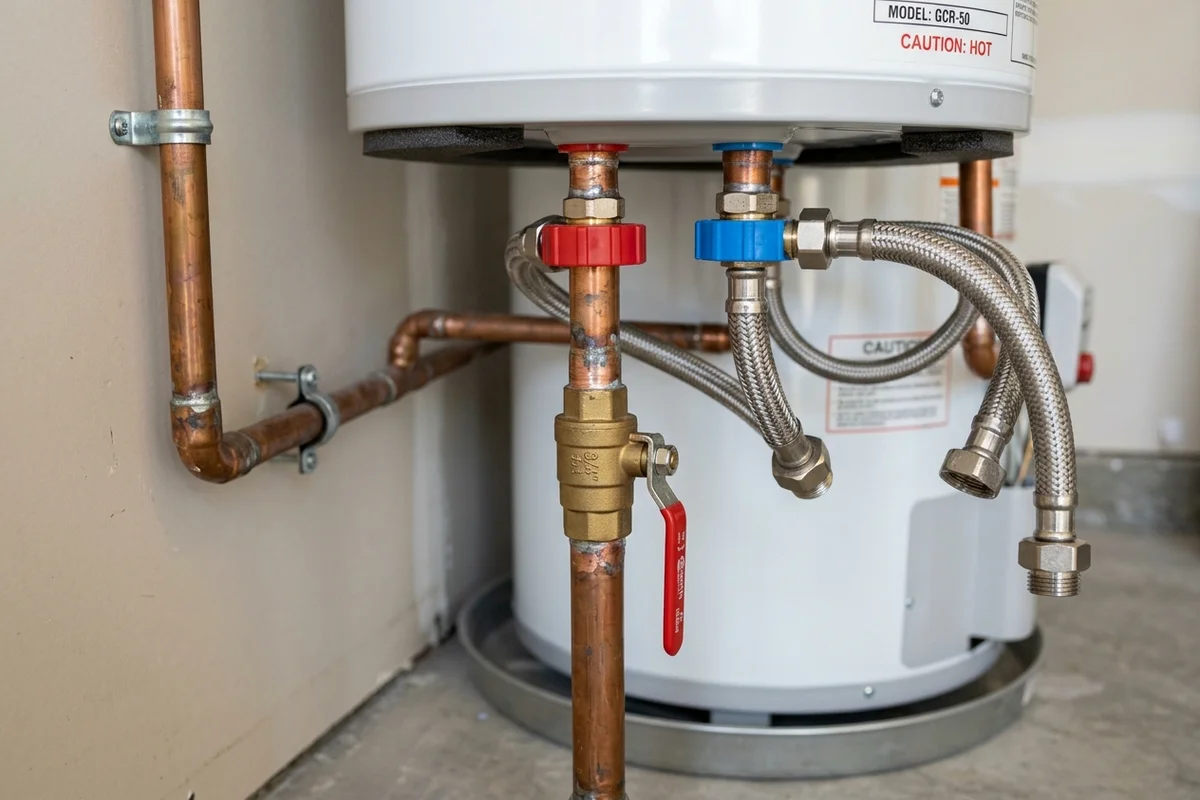 Plumbing isolation valves, pressure relief valve, and braided flexible water hoses under a water heater.