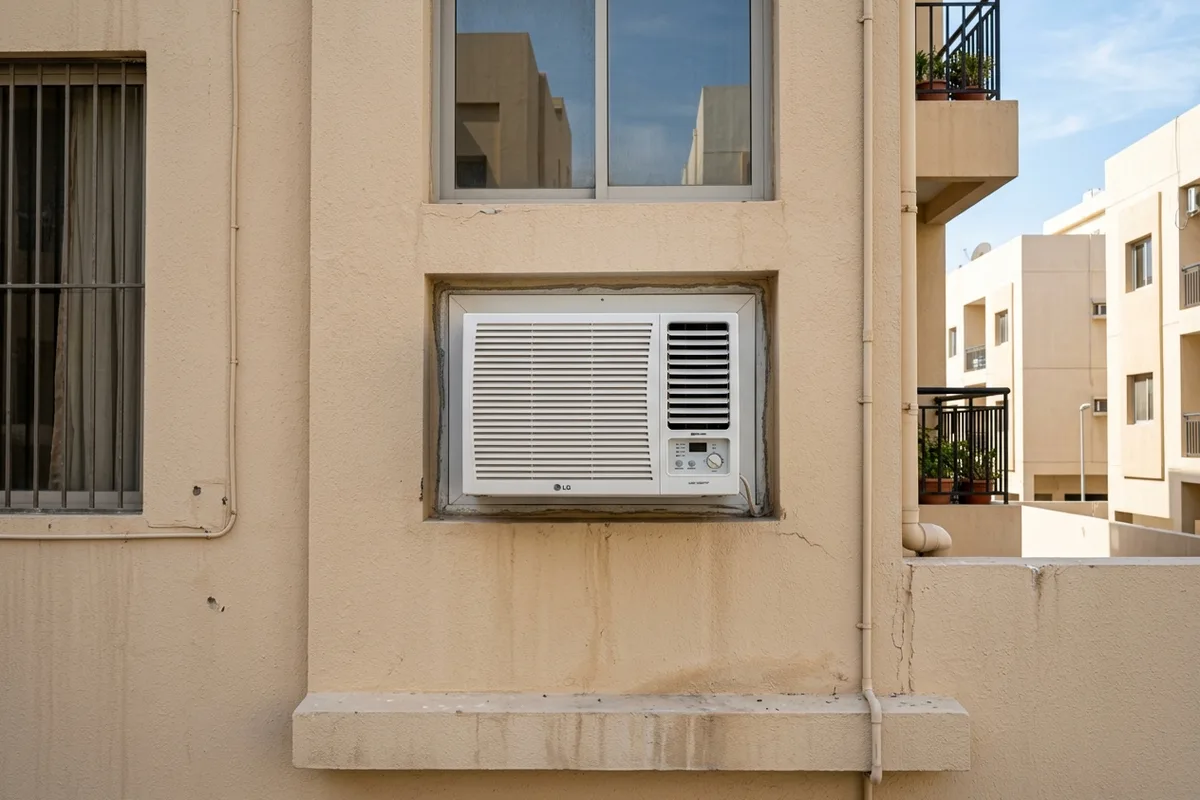 A box-style window air conditioner unit installed in an external wall opening of a Dubai apartment building