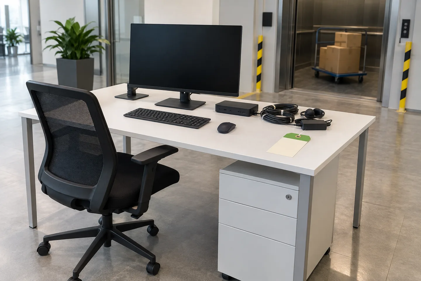 An empty office desk with a monitor, keyboard, mouse, docking station and coiled cables beside a green tag, with an open goods lift holding a trolley of boxes behind